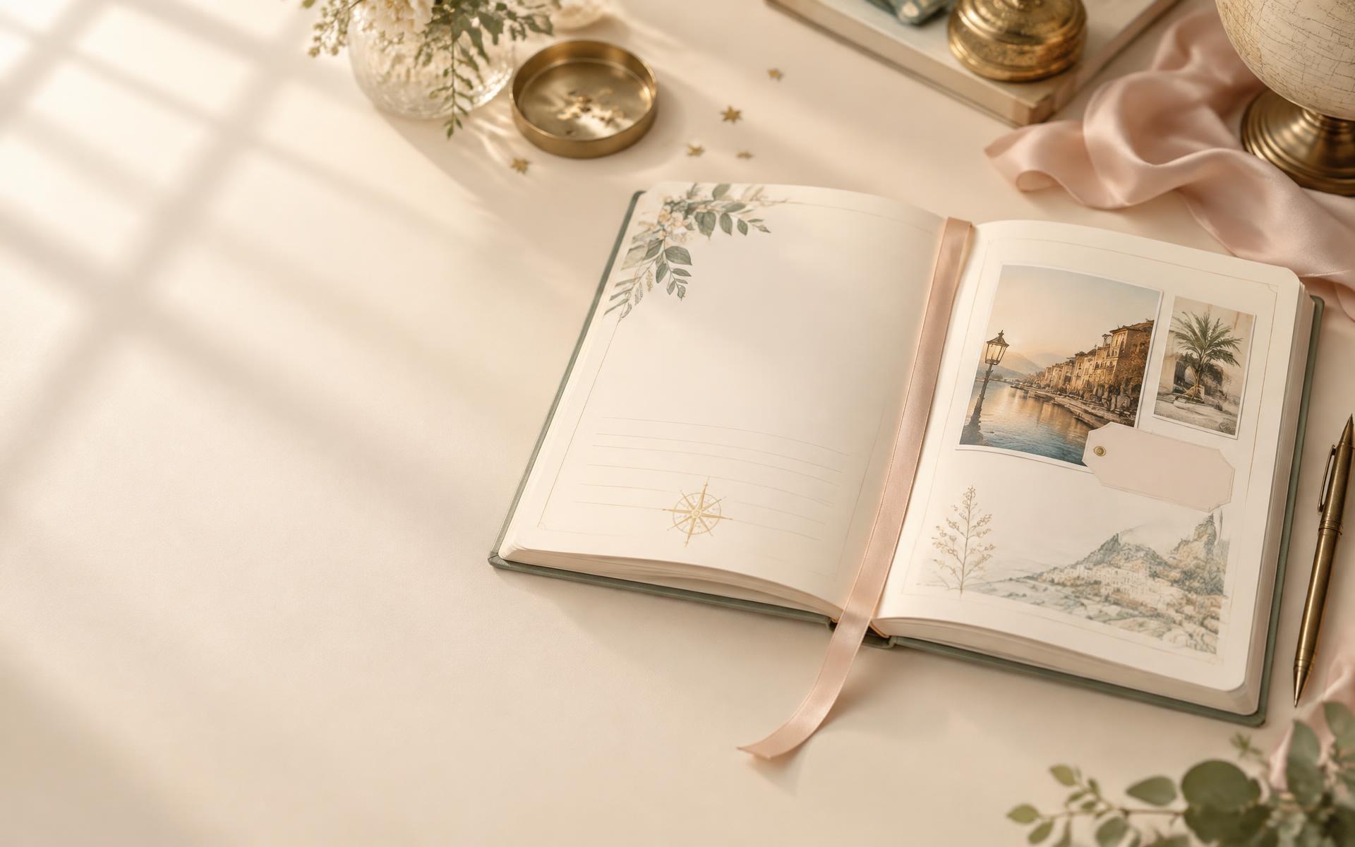 An open keepsake travel journal on a softly lit desk